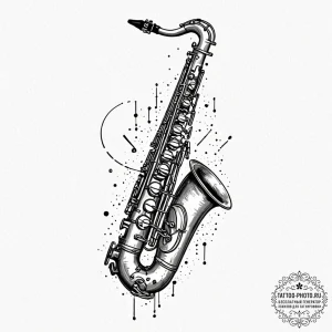 Tattoo sketch, jazz saxophone, cosmic notes,... - эскиз тату (№1752477126_0, 14.07.2025 07:12) — tattoo-photo.ru