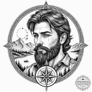 Tattoo sketch, bearded man with a compass tat... - эскиз тату (№1752477626_0, 14.07.2025 07:20) — tattoo-photo.ru