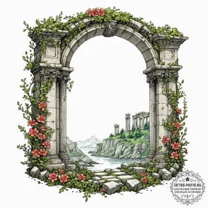 Tattoo sketch, resilient ruin, blooming data,... - эскиз тату (№1752479805_0, 14.07.2025 07:56) — tattoo-photo.ru