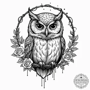 Tattoo sketch, night owl's digital gaze, a ma... - эскиз тату (№1752480726_0, 14.07.2025 08:12) — tattoo-photo.ru