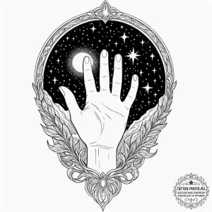 Tattoo sketch, reaching hand, starlight grasp... - эскиз тату (№1752482821_0, 14.07.2025 08:47) — tattoo-photo.ru