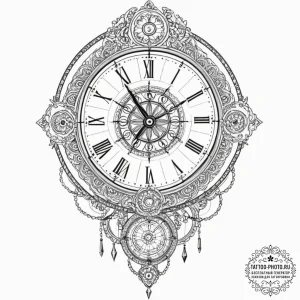 Tattoo sketch, grandfather clock of eras, an... - эскиз тату (№1752483481_0, 14.07.2025 08:58) — tattoo-photo.ru