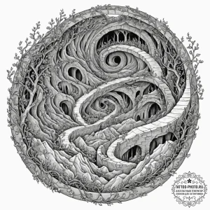 Tattoo sketch, chasm of choices: a deep, swir... - эскиз тату (№1752484988_0, 14.07.2025 09:23) — tattoo-photo.ru
