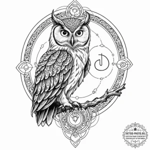 Tattoo sketch, owl of ancient code, a wise, m... - эскиз тату (№1752486835_0, 14.07.2025 09:53) — tattoo-photo.ru