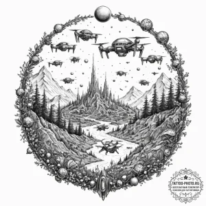 Tattoo sketch, terraforming drone swarm, a dy... - эскиз тату (№1752488092_0, 14.07.2025 10:14) — tattoo-photo.ru
