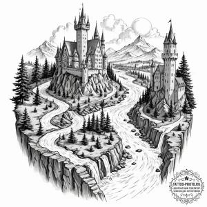 Tattoo sketch, flowing river of time, a power... - эскиз тату (№1752489652_0, 14.07.2025 10:40) — tattoo-photo.ru