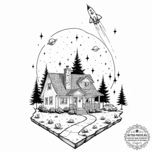 Tattoo sketch, home as a spaceship, a detaile... - эскиз тату (№1752489903_0, 14.07.2025 10:45) — tattoo-photo.ru