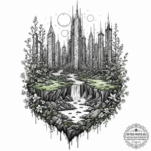 Tattoo sketch, urban utopia, bioluminescent o... - эскиз тату (№1752494351_0, 14.07.2025 11:59) — tattoo-photo.ru