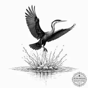 Tattoo sketch, anhinga bird diving into a pix... - эскиз тату (№1752497857_0, 14.07.2025 12:57) — tattoo-photo.ru