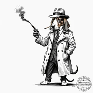 Tattoo sketch, basset hound wearing a detecti... - эскиз тату (№1752498017_0, 14.07.2025 13:00) — tattoo-photo.ru