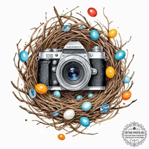 Tattoo sketch, bird's nest made of old camera... - эскиз тату (№1752501638_0, 14.07.2025 14:00) — tattoo-photo.ru