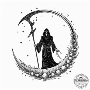 Tattoo sketch, scythe of cosmic harvest, a st... - эскиз тату (№1752504109_0, 14.07.2025 14:41) — tattoo-photo.ru