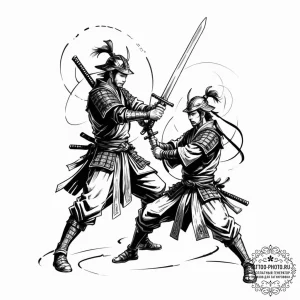 Tattoo sketch, dueling digital samurai, two s... - эскиз тату (№1752505224_0, 14.07.2025 15:00) — tattoo-photo.ru