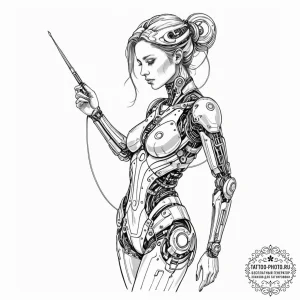 Tattoo sketch, muse of the machine, a serene,... - эскиз тату (№1752505907_0, 14.07.2025 15:11) — tattoo-photo.ru