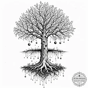 Tattoo sketch, upside-down reality tree, a ma... - эскиз тату (№1752505994_0, 14.07.2025 15:13) — tattoo-photo.ru