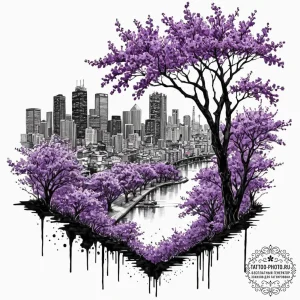 Tattoo sketch, jacaranda bloom, urban glow, a... - эскиз тату (№1752508984_0, 14.07.2025 16:03) — tattoo-photo.ru