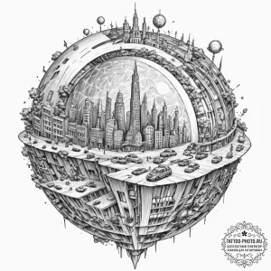 Tattoo sketch, imagined futures globe, a styl... - эскиз тату (№1752509156_0, 14.07.2025 16:05) — tattoo-photo.ru