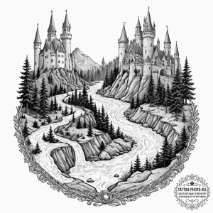Tattoo sketch, flowing river of time, a power... - эскиз тату (№1752509838_0, 14.07.2025 16:17) — tattoo-photo.ru