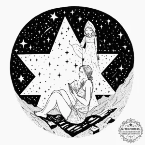 Tattoo sketch, night sky storyteller, a seren... - эскиз тату (№1752512827_0, 14.07.2025 17:07) — tattoo-photo.ru