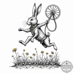 Tattoo sketch, jumping clockwork rabbit, a wh... - эскиз тату (№1752513684_0, 14.07.2025 17:21) — tattoo-photo.ru