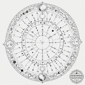 Tattoo sketch, lunar cycle dial, a circular d... - эскиз тату (№1752514648_0, 14.07.2025 17:37) — tattoo-photo.ru