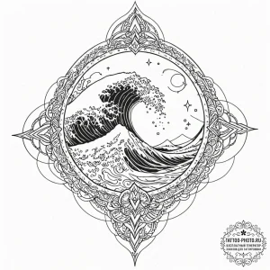Tattoo sketch, abstract wave crashing into a... - эскиз тату (№1752516444_0, 14.07.2025 18:07) — tattoo-photo.ru