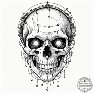Tattoo sketch, grinning skull, data stream ey... - эскиз тату (№1752517214_0, 14.07.2025 18:20) — tattoo-photo.ru