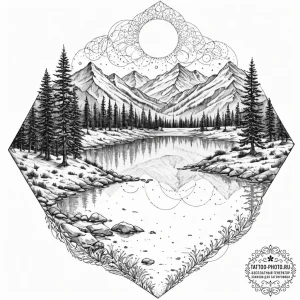 **tattoo sketch, valley of quiet reflections... - эскиз тату (№1752519188_0, 14.07.2025 18:53) — tattoo-photo.ru