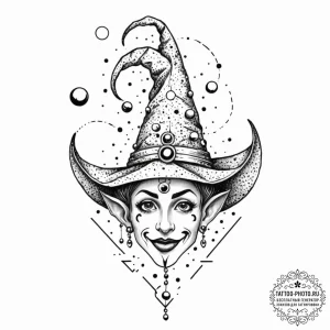Tattoo sketch, jester's cosmic gaze, a whimsi... - эскиз тату (№1752520560_0, 14.07.2025 19:16) — tattoo-photo.ru