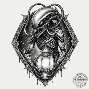 Tattoo sketch, xenomorphic lantern, guiding l... - эскиз тату (№1752523341_0, 14.07.2025 20:02) — tattoo-photo.ru