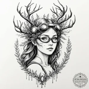 Tattoo sketch, forest spirit with vr goggles,... - эскиз тату (№1752523511_0, 14.07.2025 20:05) — tattoo-photo.ru