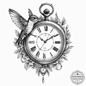 Tattoo sketch, hummingbird timekeeper, a tiny... - эскиз тату (№1752524199_0, 14.07.2025 20:16) — tattoo-photo.ru