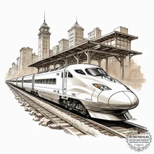 A sleek, modern high-speed bullet train blurr... - эскиз тату (№1752525742_0, 14.07.2025 20:42) — tattoo-photo.ru