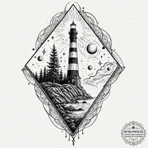 Tattoo design a celestial lighthouse on a roc... - эскиз тату (№1752528816_0, 14.07.2025 21:33) — tattoo-photo.ru