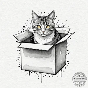 Schrodinger's cat in a box, artistic tattoo s... - эскиз тату (№1752528901_0, 14.07.2025 21:35) — tattoo-photo.ru