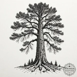 A close-up of the textured bark of a giant se... - эскиз тату (№1752529750_0, 14.07.2025 21:49) — tattoo-photo.ru