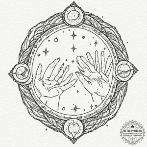 Tattoo sketch: a stylized woman's hands weavi... - эскиз тату (№1752531114_0, 14.07.2025 22:11) — tattoo-photo.ru