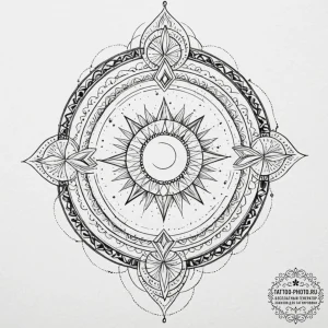 Tattoo design: a stylized kolovrat with subtl... - эскиз тату (№1752537172_0, 14.07.2025 23:52) — tattoo-photo.ru