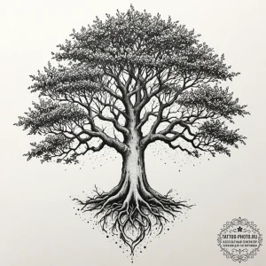 Tattoo design a powerful, ancient banyan tree... - эскиз тату (№1752537428_0, 14.07.2025 23:57) — tattoo-photo.ru