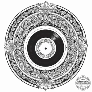 A close-up of a vinyl record's spinning label... - эскиз тату (№1752537978_0, 15.07.2025 00:06) — tattoo-photo.ru