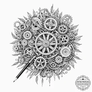 A watchmaker's workbench, filled with tiny ge... - эскиз тату (№1752543732_0, 15.07.2025 01:42) — tattoo-photo.ru