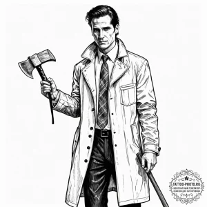 A trash polka portrait of patrick bateman fro... - эскиз тату (№1752546292_0, 15.07.2025 02:24) — tattoo-photo.ru