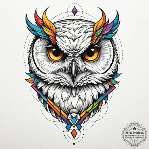 Owl with skull, tattoo line art, vibrant colo... - эскиз тату (№1752552730_0, 15.07.2025 04:12) — tattoo-photo.ru