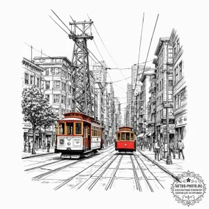 A street-level view of the iconic cable cars... - эскиз тату (№1752553922_0, 15.07.2025 04:32) — tattoo-photo.ru