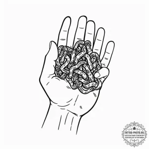 A child's hand holding a fistful of earthworm... - эскиз тату (№1752554518_0, 15.07.2025 04:41) — tattoo-photo.ru