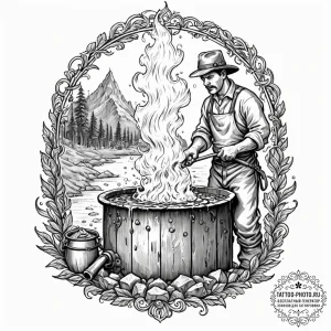 A blacksmith quenching a hot piece of metal i... - эскиз тату (№1752556734_0, 15.07.2025 05:18) — tattoo-photo.ru