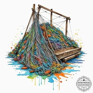 A pile of colorful, discarded fishing nets on... - эскиз тату (№1752557589_0, 15.07.2025 05:33) — tattoo-photo.ru