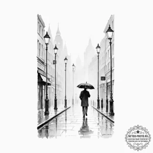 A lone figure with an umbrella walking down a... - эскиз тату (№1752558530_0, 15.07.2025 05:48) — tattoo-photo.ru