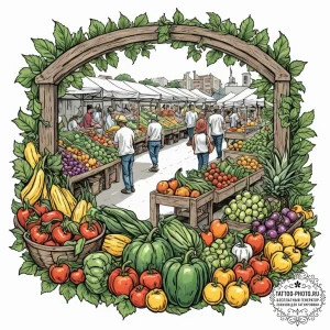 A shot of a farmer's market stall, overflowin... - эскиз тату (№1752562199_0, 15.07.2025 06:49) — tattoo-photo.ru