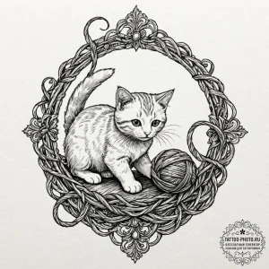 Tattoo design a small, mischievous cat playin... - эскиз тату (№1752562541_0, 15.07.2025 06:55) — tattoo-photo.ru